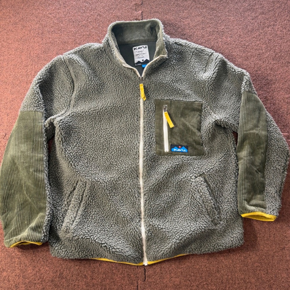 KAVU Mens Teannaway Full Zip Sherpa Fleece Jacket Green Corduroy Trim Medium